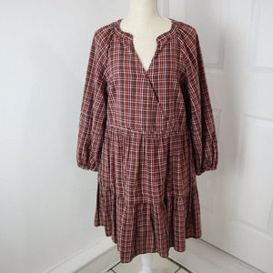 Madewell Wrap Dress Womens M Red Plaid Seersucker Mini Tiered Lined Ruffle